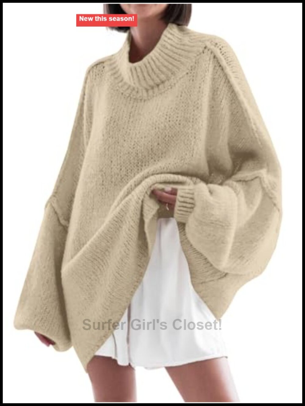Oversized Mock Neck Tunic Sweater Ribbed Knit Batwing Sleeve Pullover